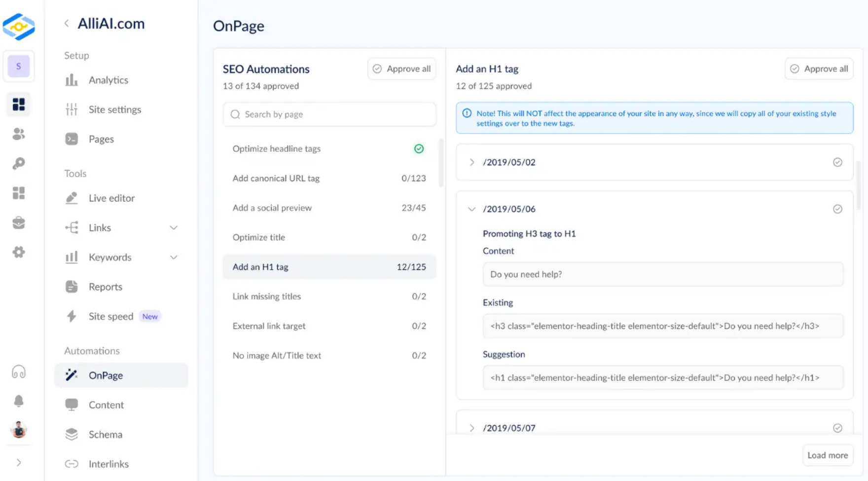 Alli AI Alli AI on page recommendations dashboard
