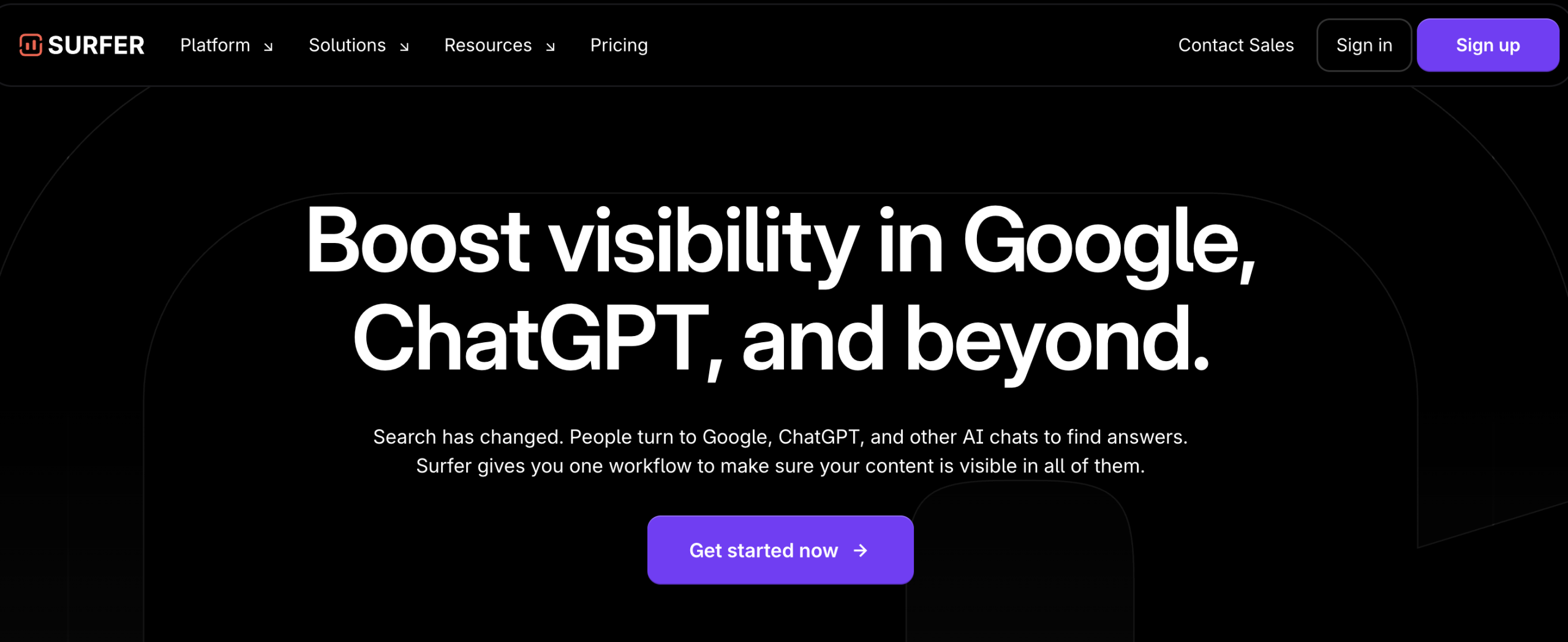 Surfer SEO Screenshot of the main page of the Surfer SEO official website