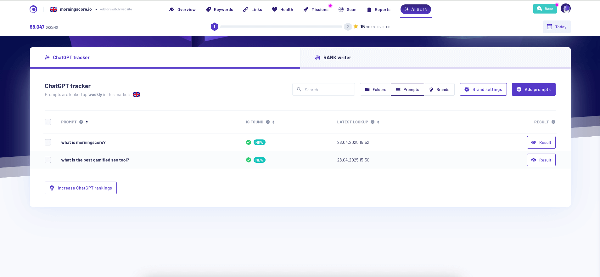 Dashboard in Morningscore