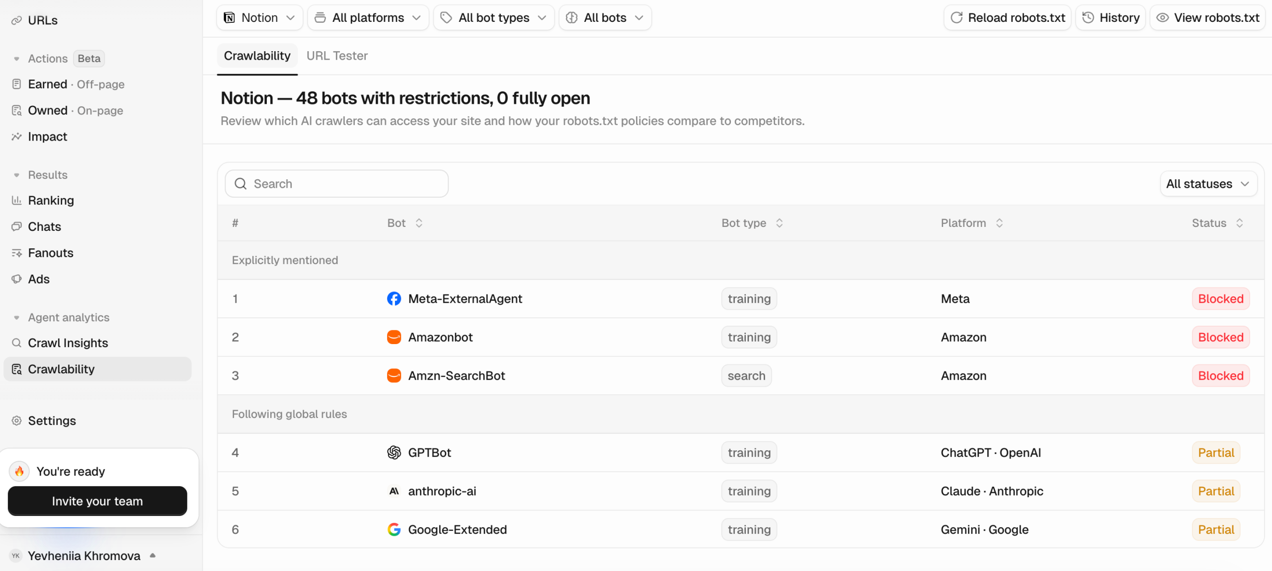 Check crawlability in Peec AI Crawlability check in Peec AI