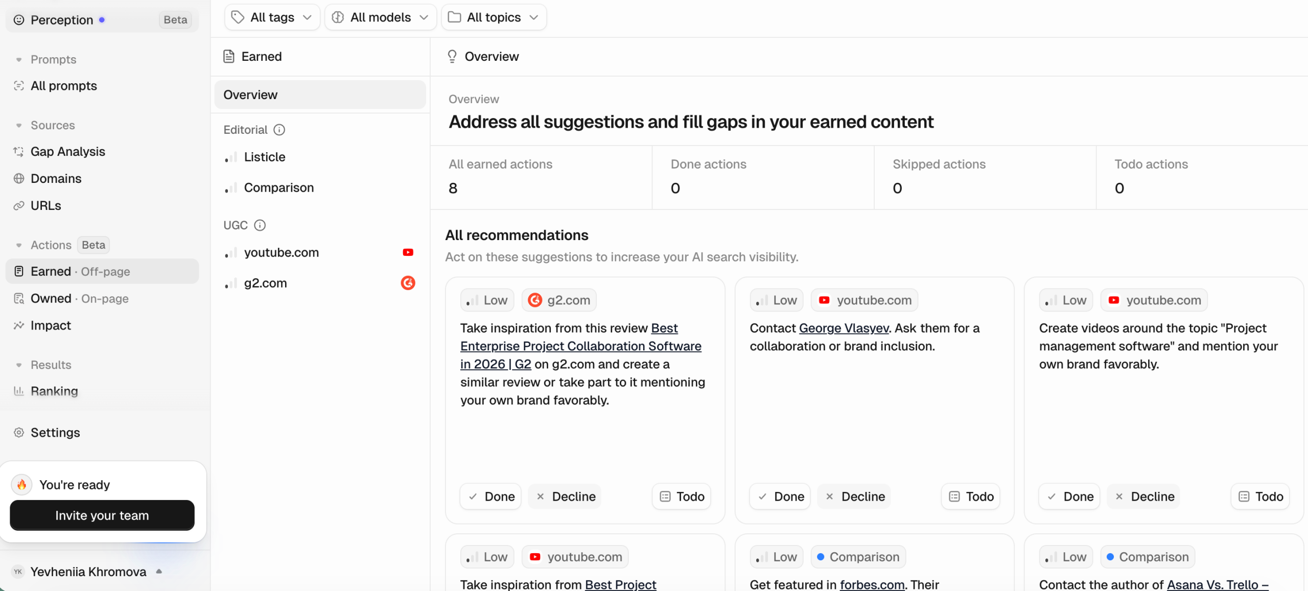 Peec AI gives recommendations of where to focus Recommendations in Peec AI