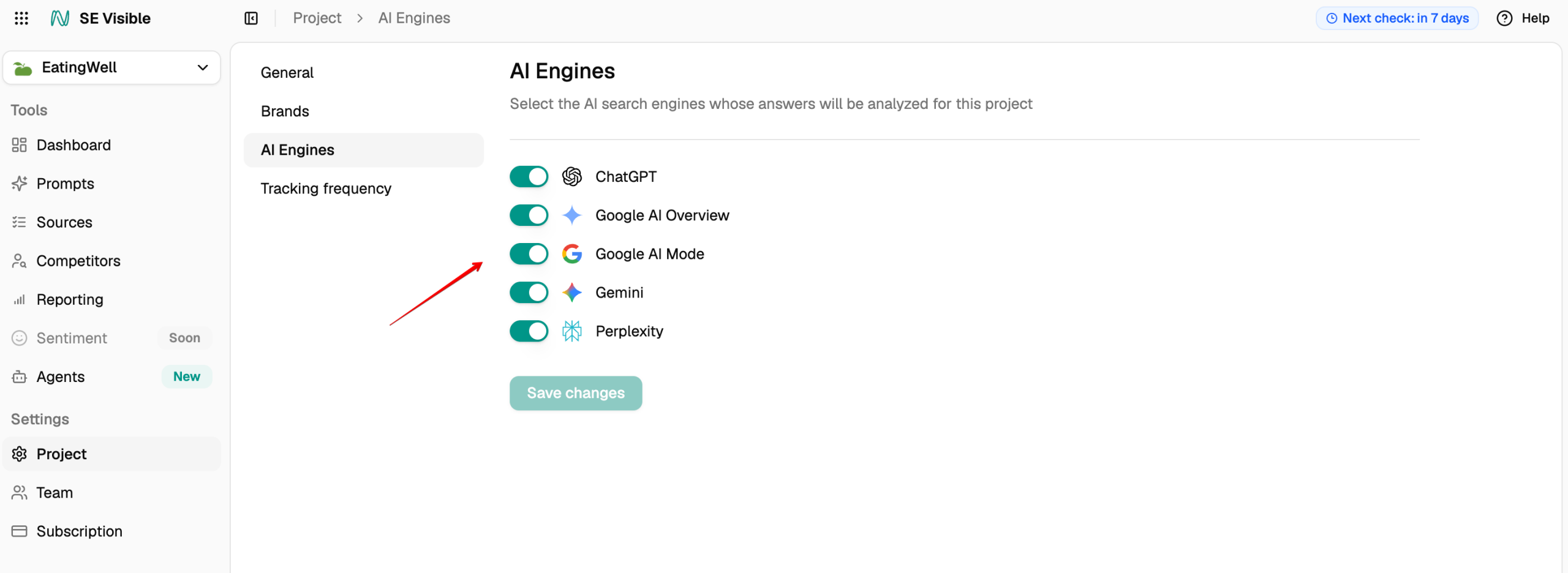 Select AI engines you want to track in SE Visible Engines SE Visible tracks