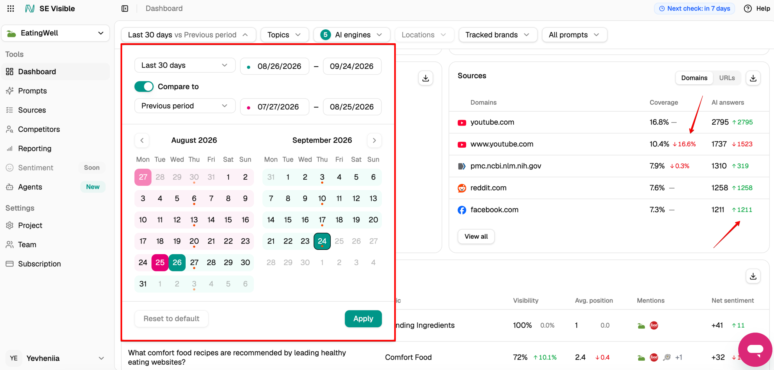Choose timeframe for data comparison in SE Visible Set up comparison dates in SE Visible