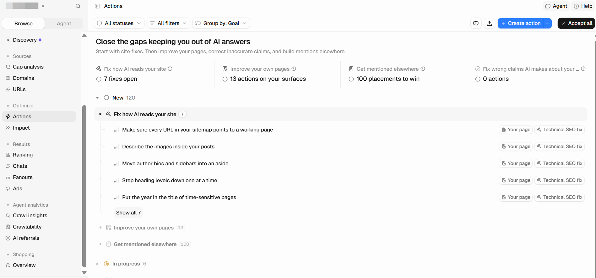 Peec AI's Actions feature