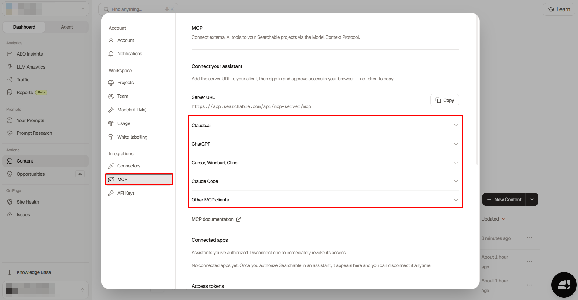 Searchable MCP server settings Searchable MCP