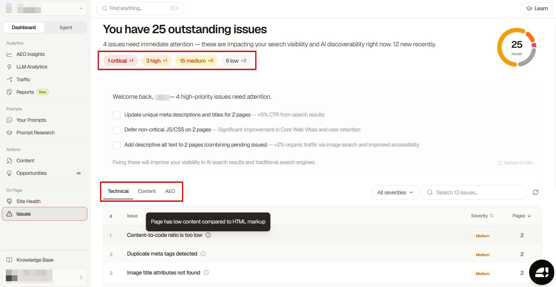 Searchable issues grouped by type and priority Searchable issues groups