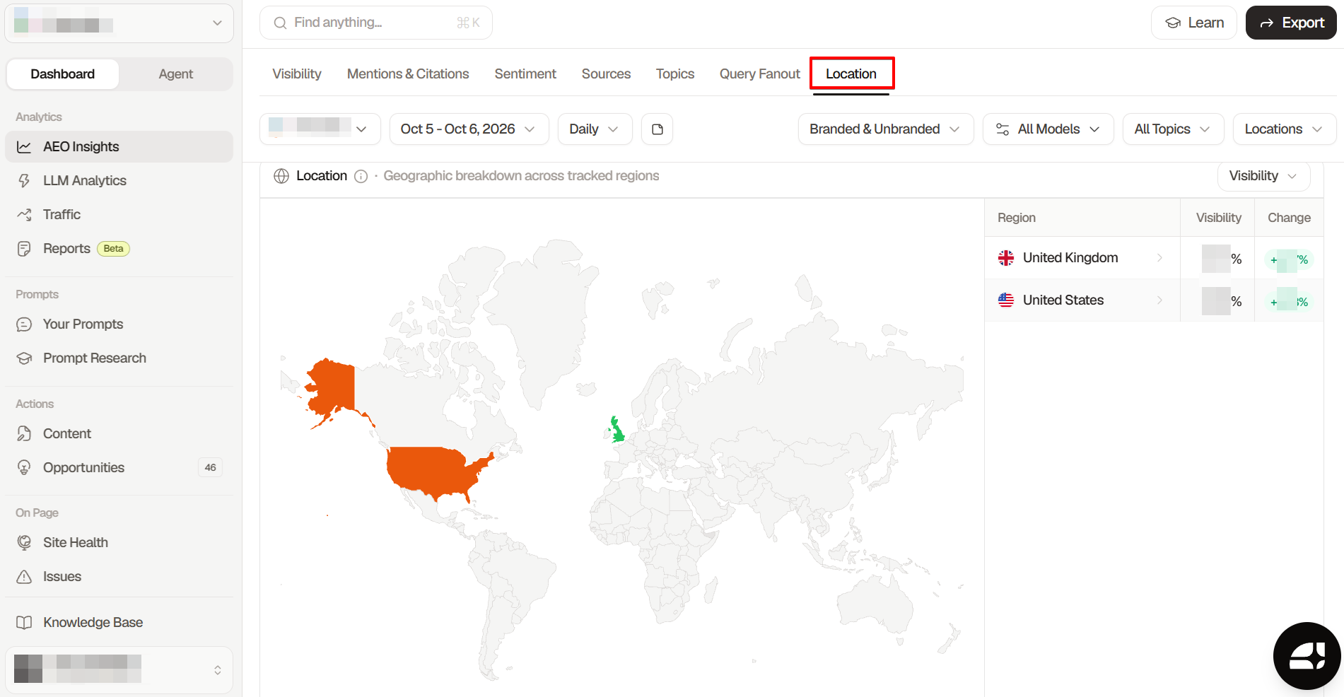 Searchable's AI visibility analytics by location Searchable's location tab