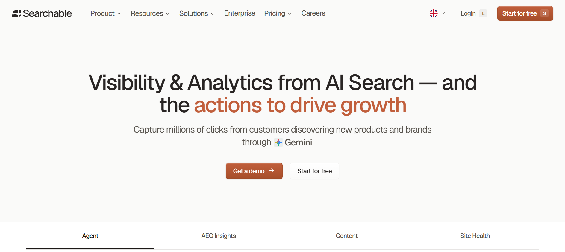 Searchable's homepage Searchable AI-visibility platform homepage