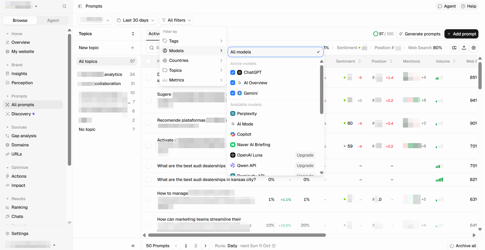 Peec AI's AI models filtering Peec AI visibility monitoring platform